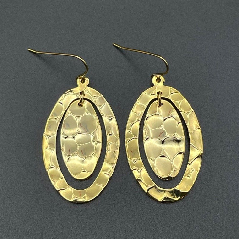 Yellow Gold Hammered Double Oval Shiny Dangling Drop Hook Earrings - Picture 2 of 8